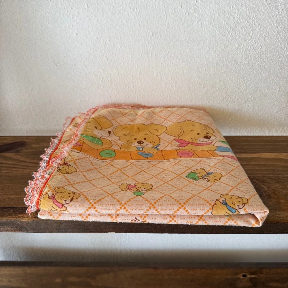 Vintage Puppy Dog Nursery Receiving Blanket Orange Lace Trim Retro 35x40